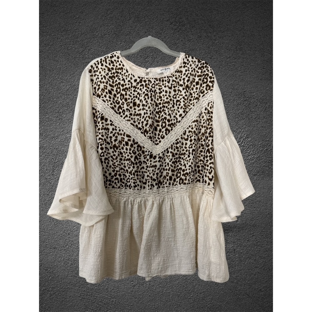 Umgee Leopard Print Lace Bell Sleeve Babydoll Top Boho Cottagecore Size Small